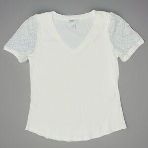 White House Black Market White Ribbed V-Neck Lace Sleeve Top